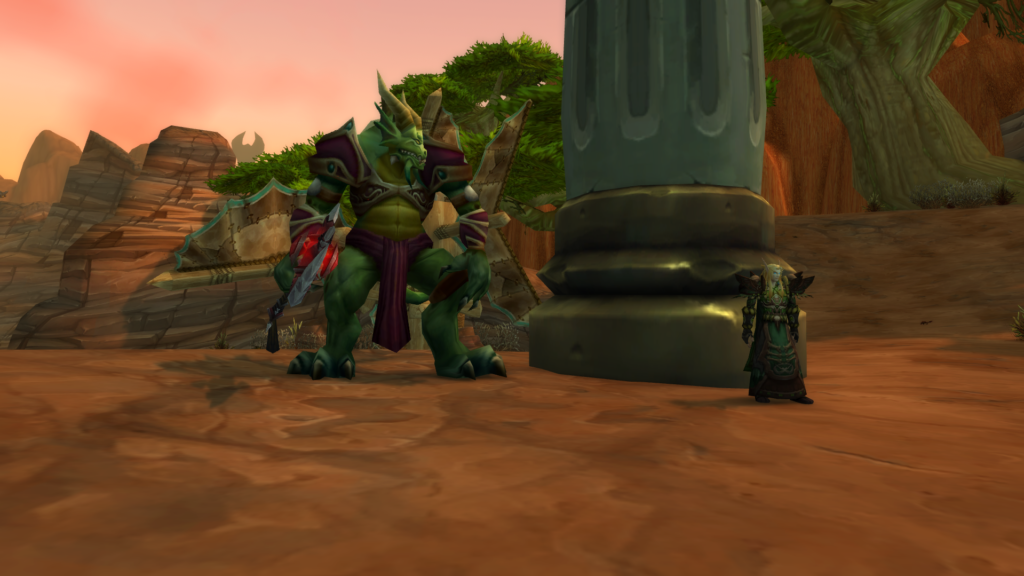 WoW A Draconian and a blood elf stand near a pillar
